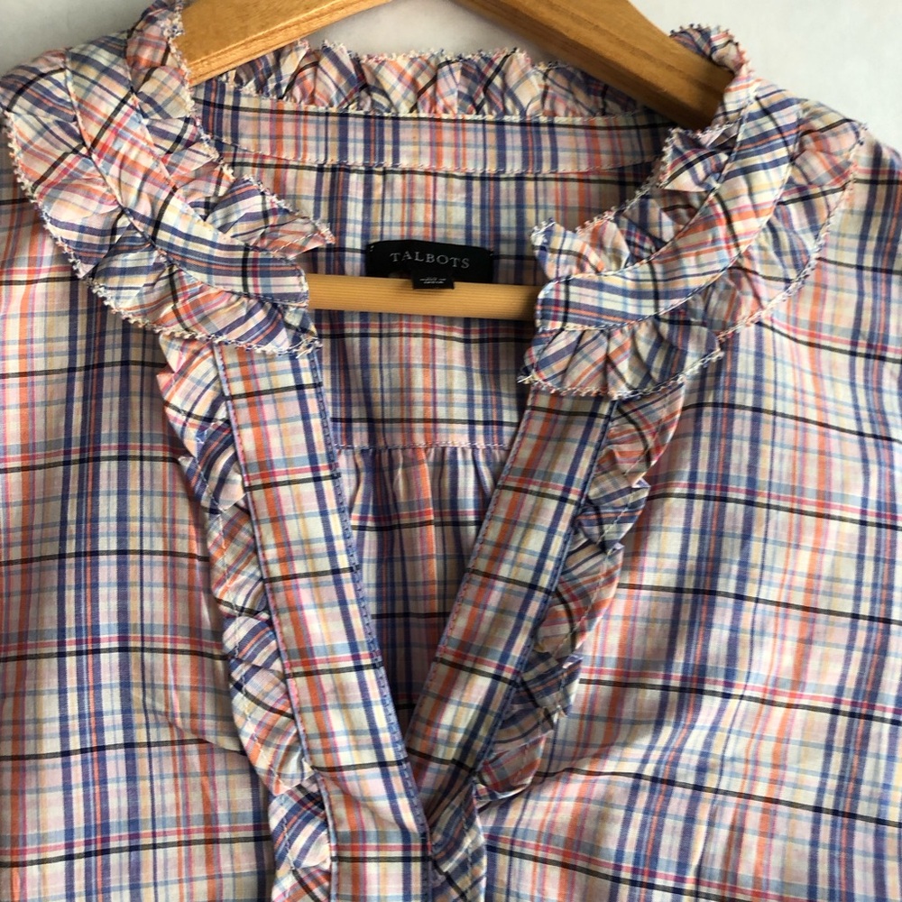 Talbots Pink and Blue Plaid Ruffle-Trim Button Front Blouse